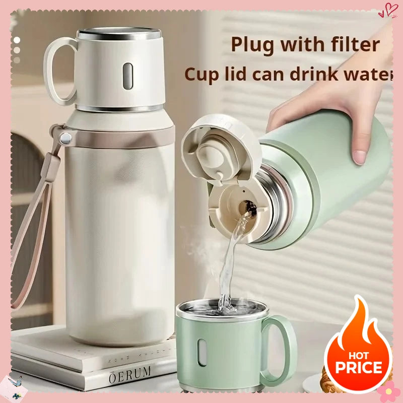 Stainless Steel Thermos Cup 600ml 24h Insulation Insulated Water Bottle with Cup Portable Handheld Tumbler for Camping Hiking
